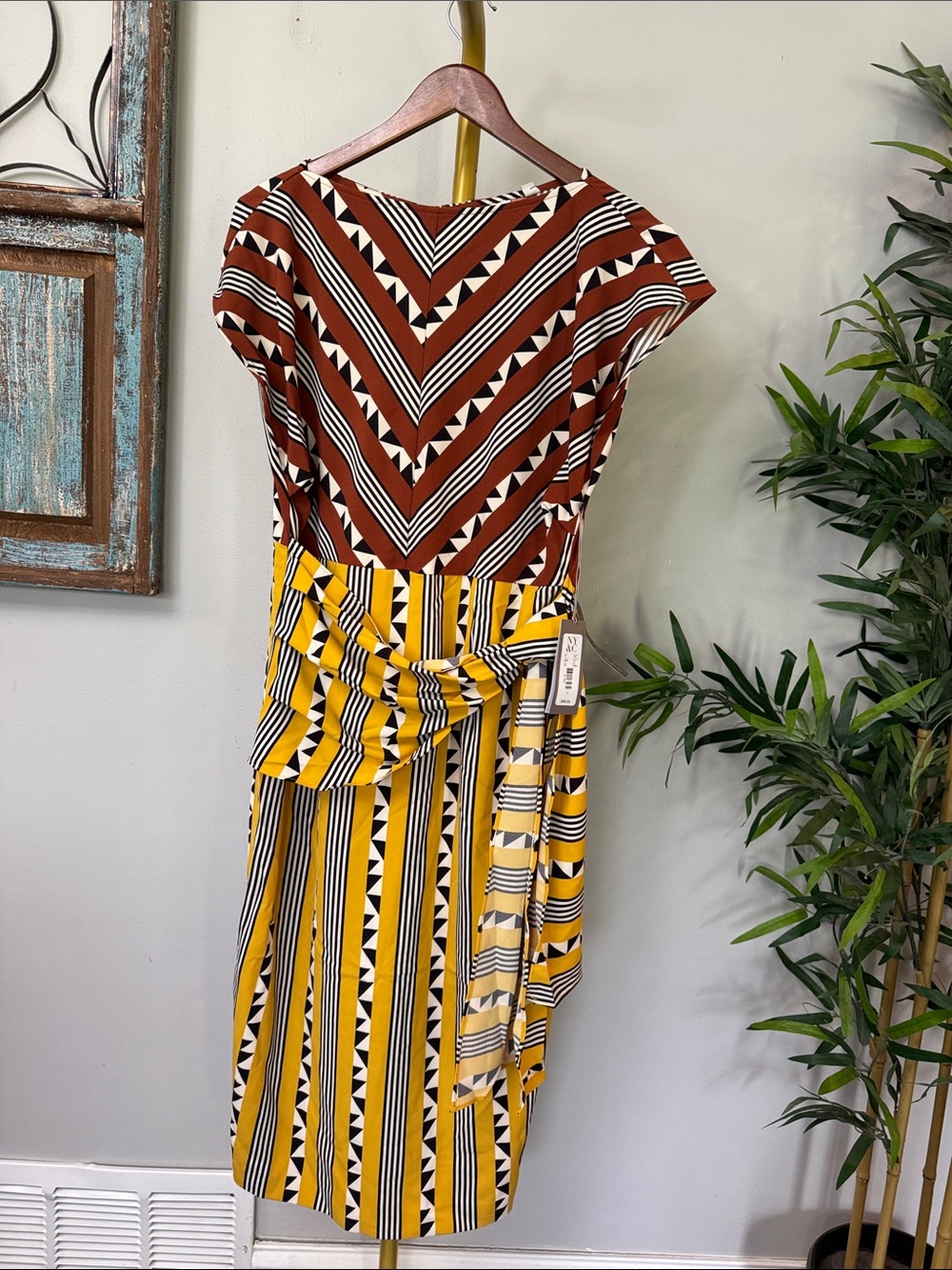 New York & Company Geometric Midi Dress in Brown, Yellow, Black & White